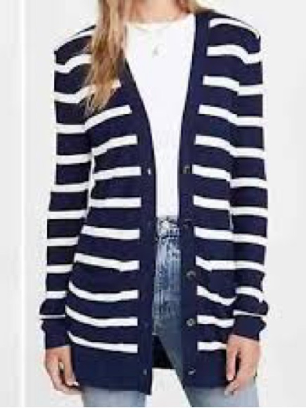 L'AGENCE Navy and White Striped Ribbed V-Neck Cardigan